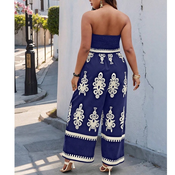 Boho Baby Blue Shirred Bodice Strapless Wide Leg Jumpsuit - Picture 9 of 9